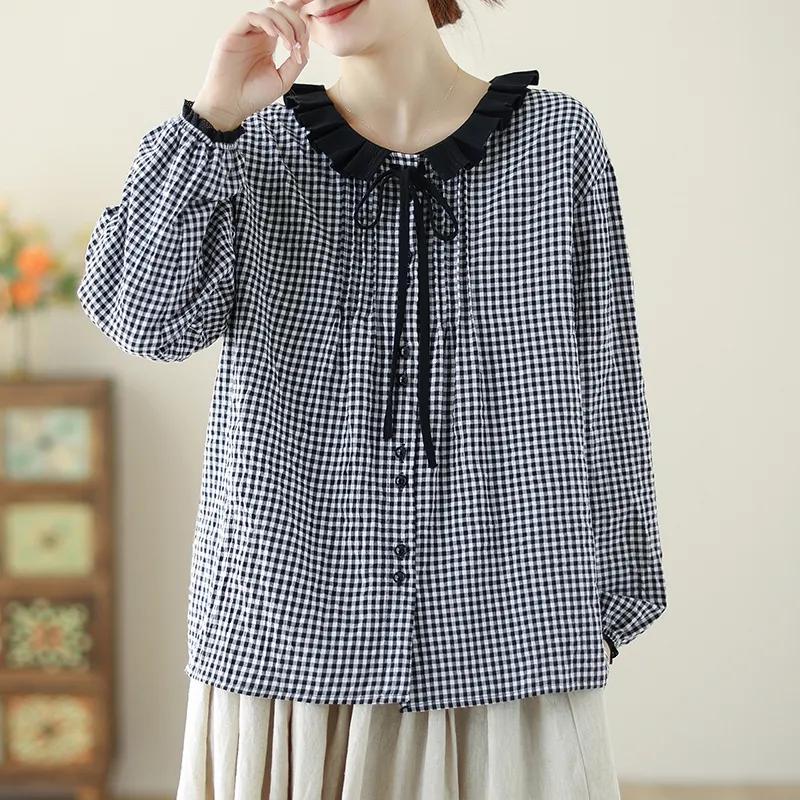 Women  Cotton Linen Thin Pleated Collar Shirt Casual O-neck Long Sleeve Plaid Print Blouse