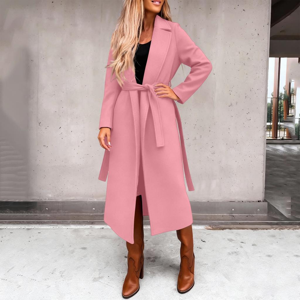 Damen Casual Mode Einfarbig Langärmlig V-Ausschnitt Bindegürtel Langer Wollmantel