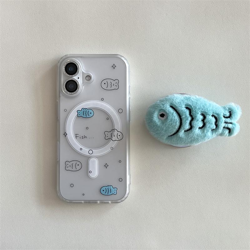 Korean Plush Fish Magnetic Stand iPhone Case for 14/15/16ProMax/17