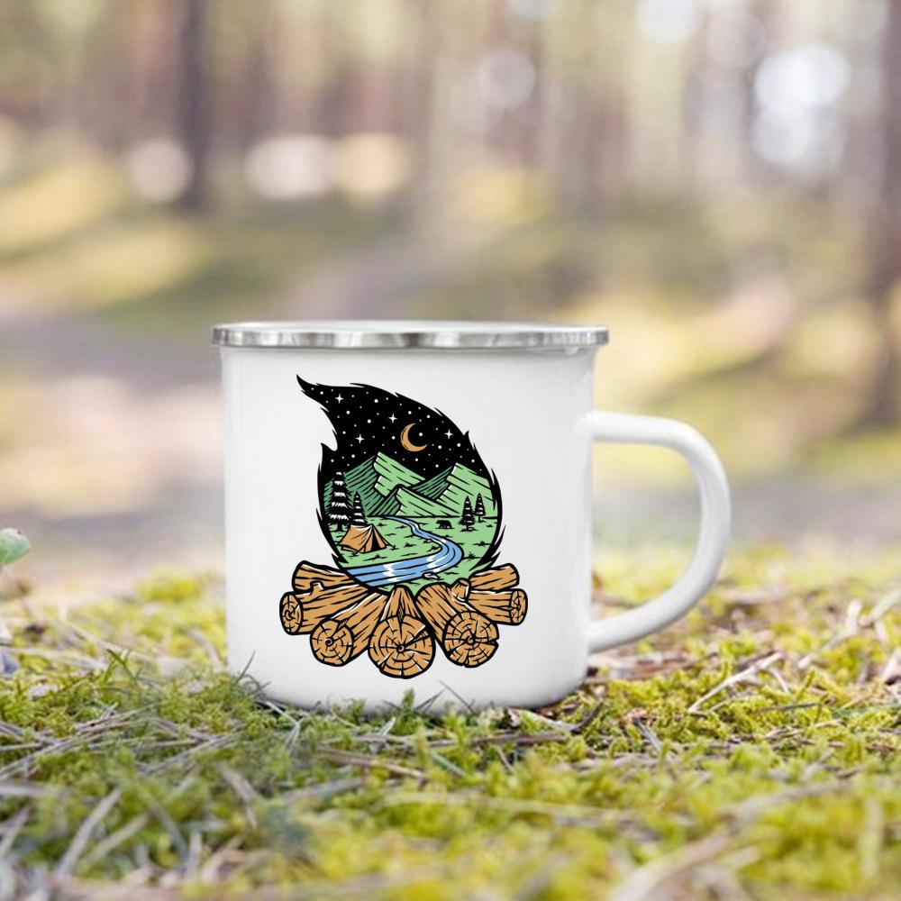 And So The Adventure Begind Printed Mug Campfire Party Beer Coffee Mugs Camping Enamel Cup Mountain Handle Cups Gifts for Camper