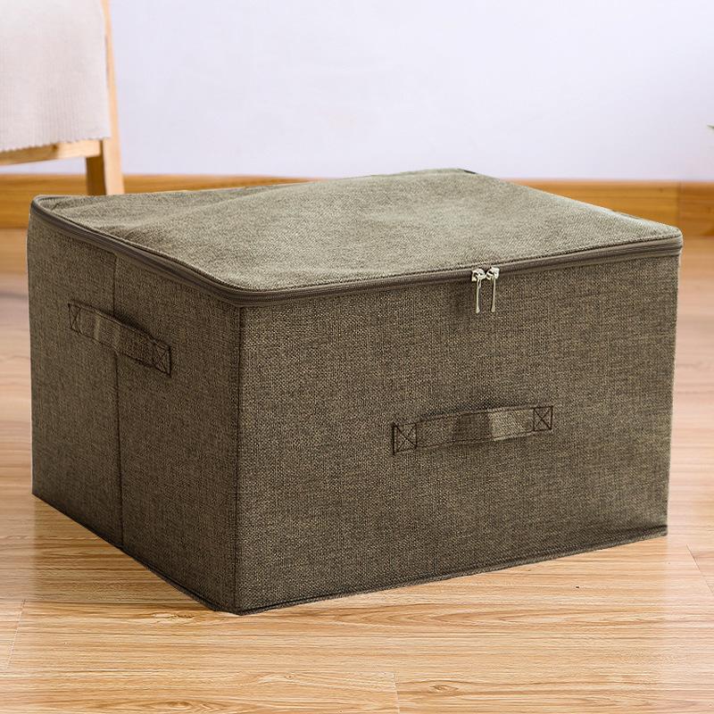 Cotton Linen Storage Box with PP Padded Bottom Foldable Zippers Storage Bag Organizer Case for Seasonal Duvets Clothes Bedding