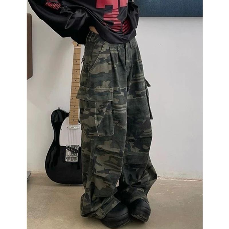 Militærgrønne jeans for kvinner med høy midje Vintage rett baggy Y2K dongeribukser hip hop amerikansk mote dongeribukse med brede ben