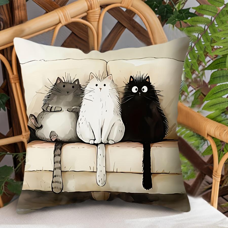 Chic Cartoon Cat Pillow Cover 17.7x17.7 Inches - Modern Decorative Cushion Cover for Sofa, Living Room