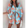 Mini Abito Casual Estivo con Coulisse e Laccetti Stampa alla Moda Maniche a Pipistrello Abito da Spiaggia Sexy Bottoni Scollatura a V Copricostume da Donna per Feste