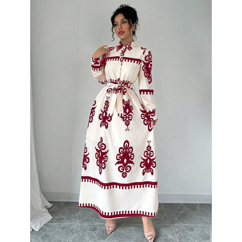 Mote Vintage Langermet Løse Hverdagskjoler Dame Knapper Revers A-linje Trykket Skjortekjole Dame Høy midje Snøring Lang Kjole Vår Ny 25892