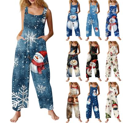 Women's Fashion Christmas Print Casual Vintage Sleeveless Button Jumpsuit