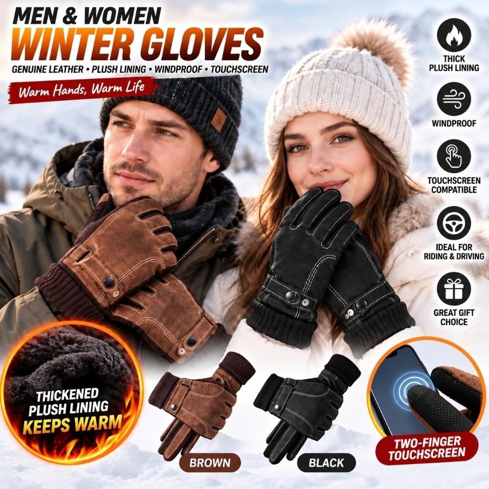 Full Finger Riding Cycling Gloves Touch Screen Fleece Lined Gloves Genuine Leather Gloves Men