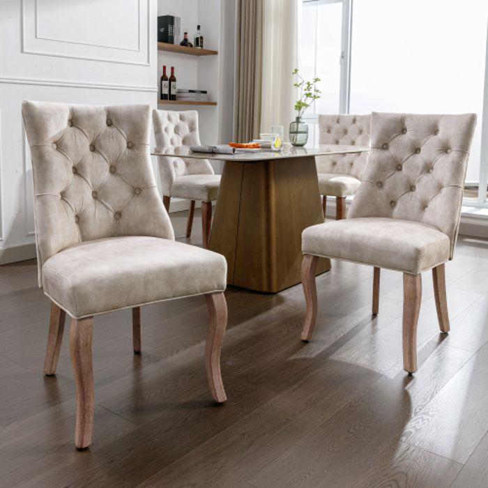 Chaise de salle à manger - MUVOE - Velours beige clair - Dossier haut - Lot de 4 - Style classique