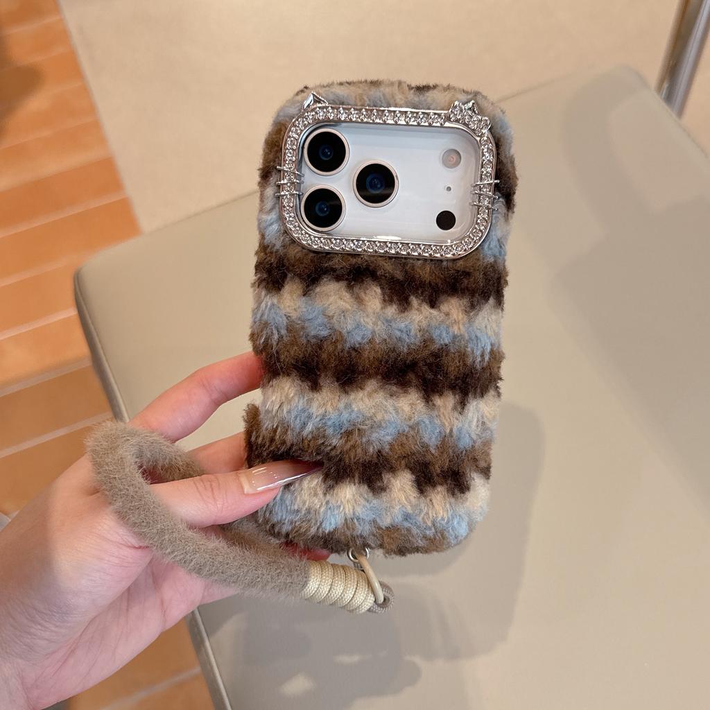 For iPhone 17 Pro Max Case Rhinestone Frame Striped Plush TPU PC Phone Cover with Strap