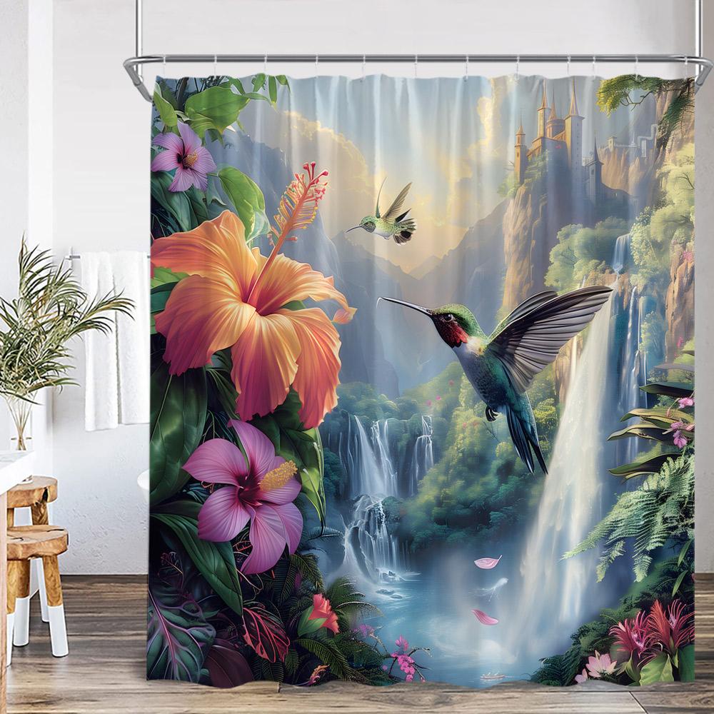Hummingbird Shower Curtain Bird Animal Flower Floral Plant Classical Bathroom Decor Spring Polyester Bathtub Curtain With Hook