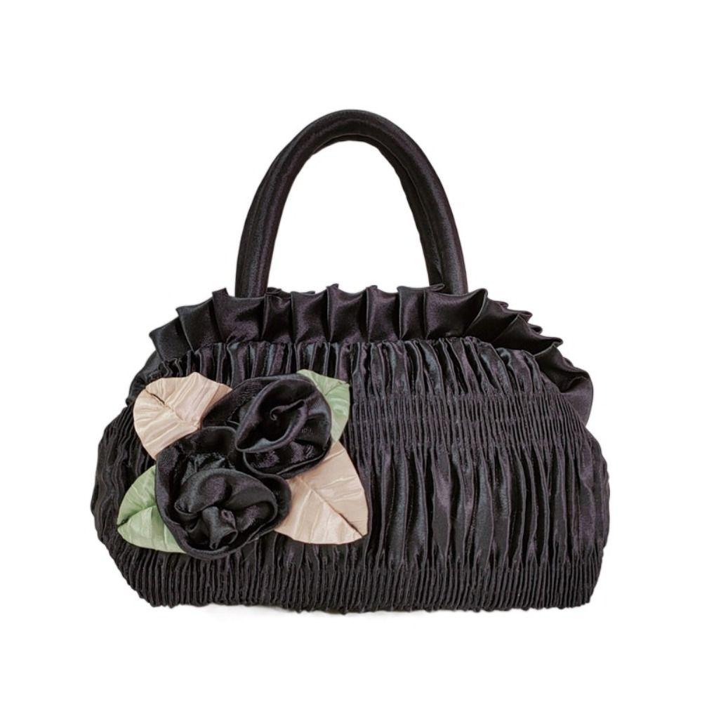 Leaf Hanfu Rose Flower Handbag Satin Silk Bubble Zipper Flower Tote Bag Cosmetic Makeup Bag Mommy Bag Ethnic Style Wrist Bag