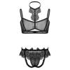 Mens Sissy See Through Sheer Mesh Lace Trim Lingerie Set Bra Top and Open Butt Brief Thong
