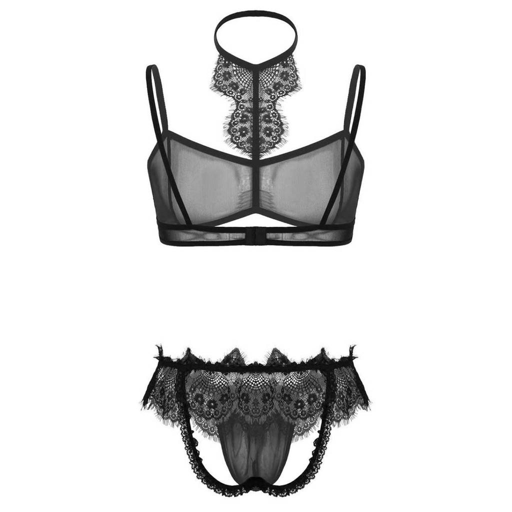 Mens Sissy See Through Sheer Mesh Lace Trim Lingerie Set Bra Top and Open Butt Brief Thong