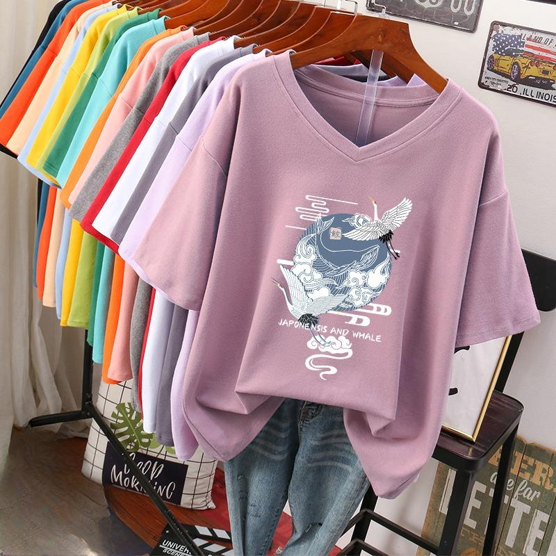 Short-sleeved T-shirt, Loose-fitting, Slimming Printed V-neck Top for Women