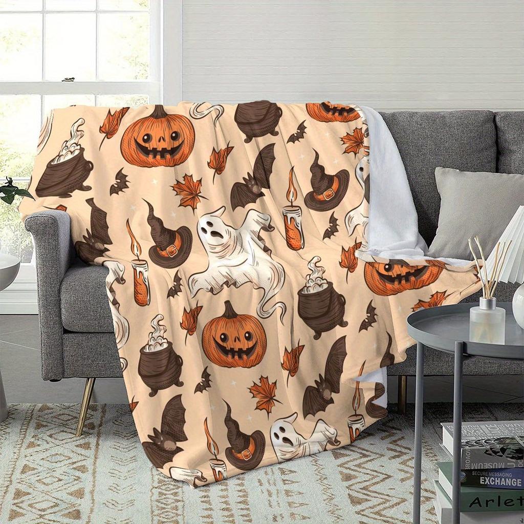 Spooky Pumpkin & Ghosts Plaid Art Blanket - Cute Halloween Theme All-Season Multi-Purpose Throw for Sofa, Bed & Living Room
