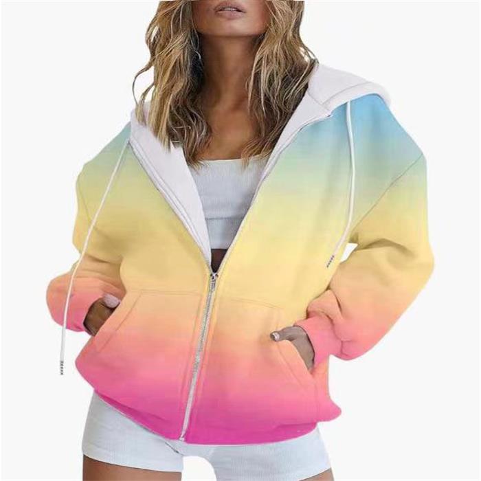 Women's Sweatshirt Autumn Gradient 3D Printed Casual Long Sleeve Zipper Hooded Sweatshirt Clothes Sale