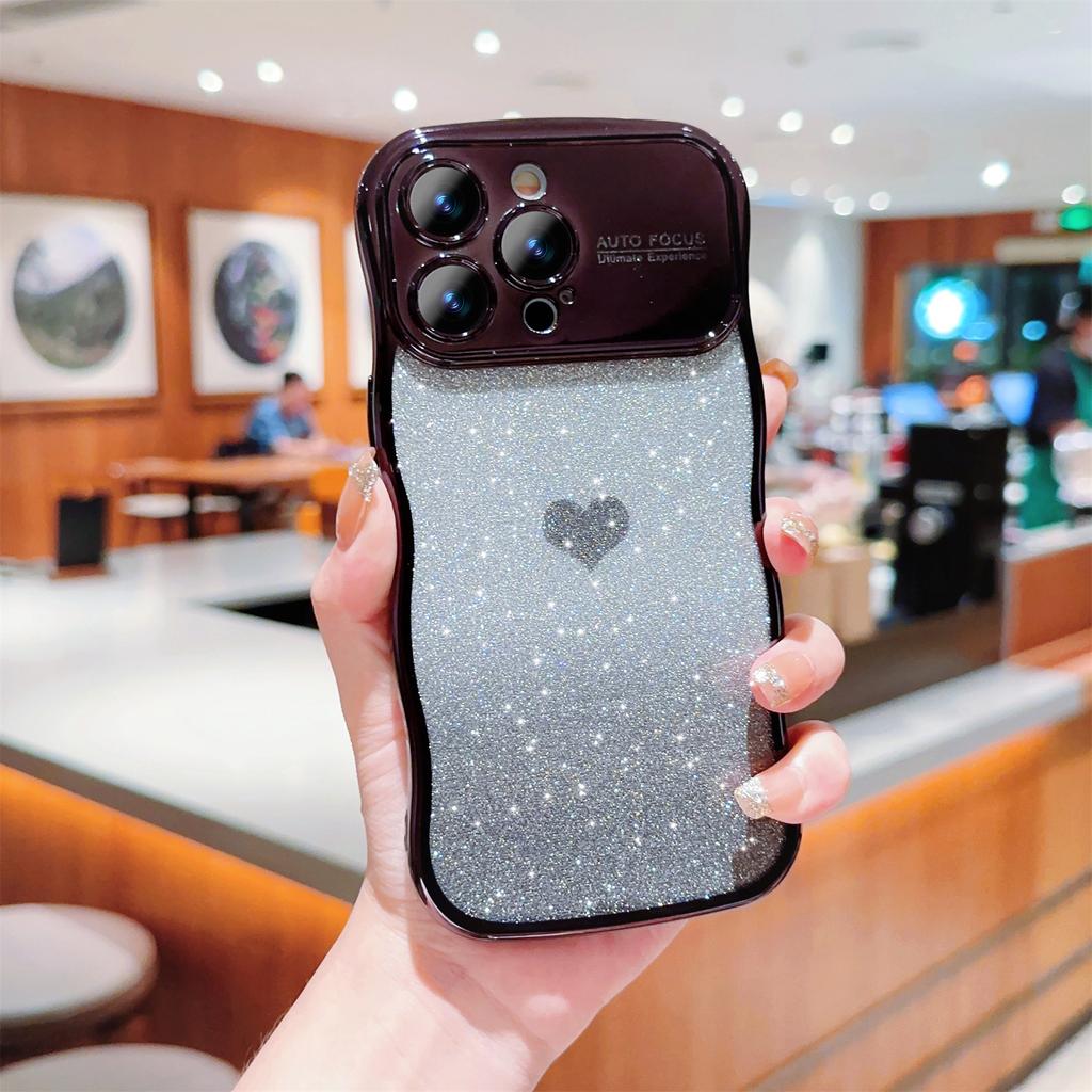 For iPhone 16 Pro Max Case Love Heart Gradient Glitter TPU Phone Cover Electroplating Curly Frame