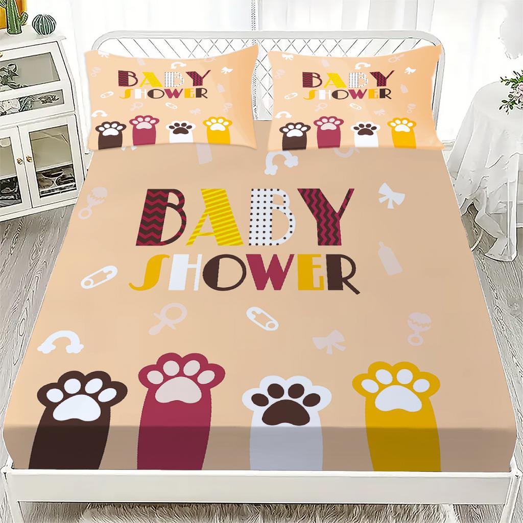 3pcs Cartoon Fitted Sheet Set Pink Cute Cat Claws Print 100% Polyester Breathable Bedding Set for Home Decor with 2 Pillowcases