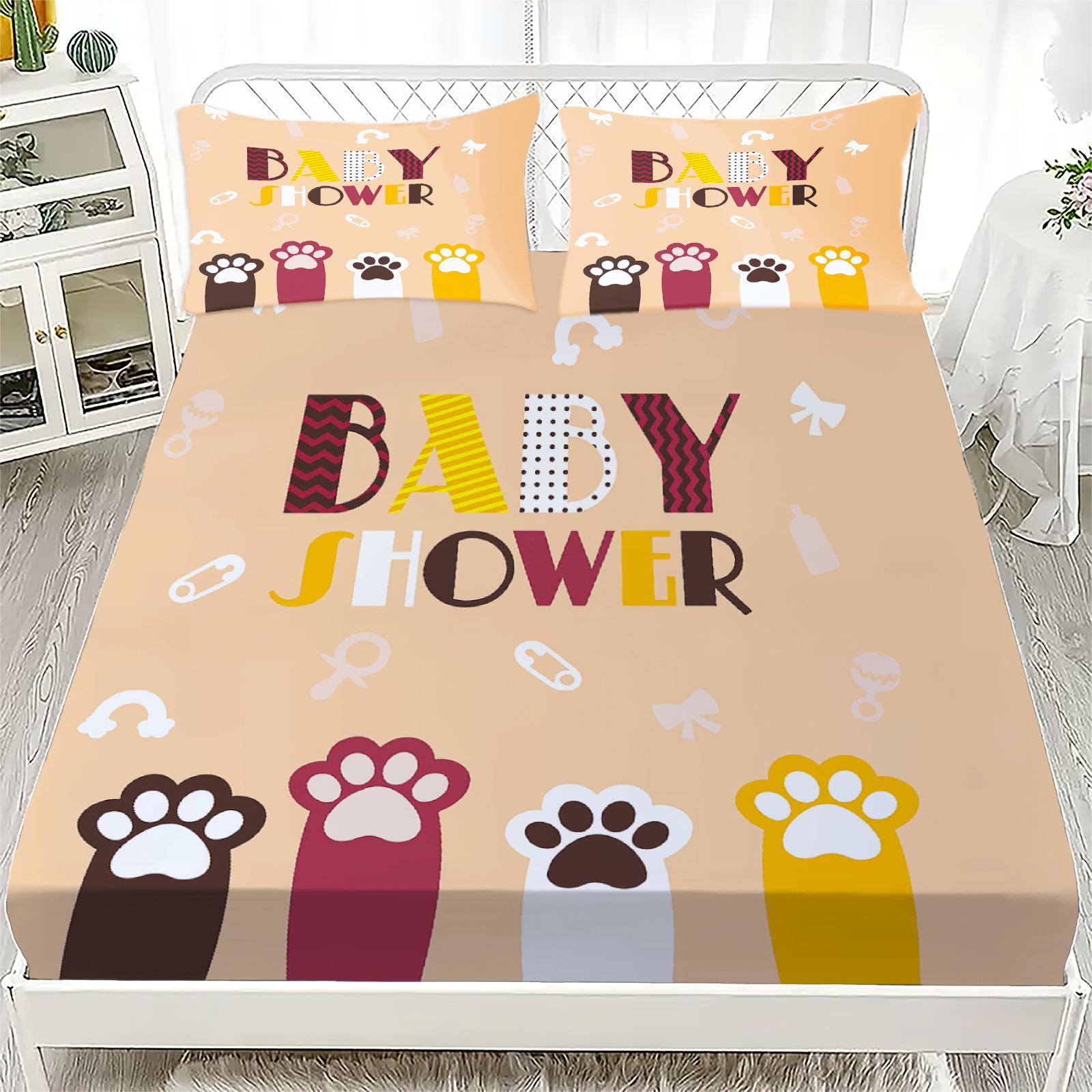 

3pcs Cartoon Fitted Sheet Set Pink Cute Cat Claws Print 100% Polyester Breathable Bedding Set for Home Decor with 2 Pillowcases 99x190x25cm