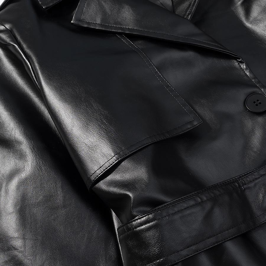 European and American Women's Faux Leather Fashion Trench Coat Jacket