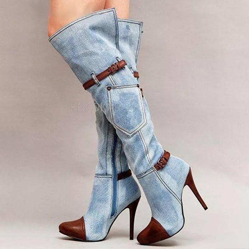 New denim boots with high heels, fashionable knee length women's boots, autumn and winter denim high heels, sexy buttons