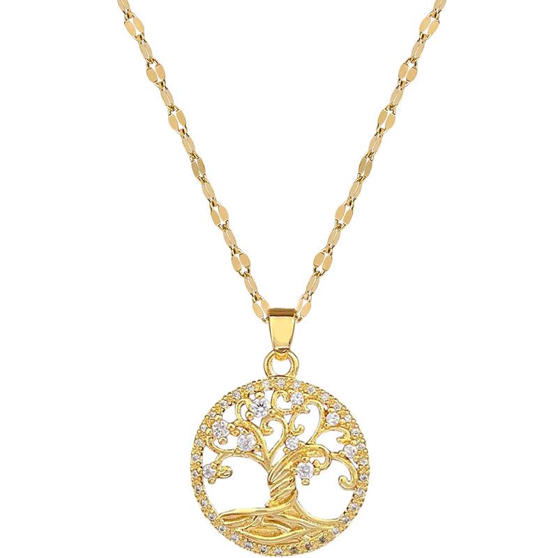 Tree Of Life Light Luxury Temperament Gorgeous Full Diamond Necklace Female Versatile Clavicle Chain Titanium Steel Chain