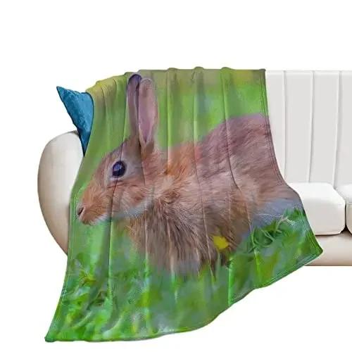 Rabbit Flannel Throw Blanket Anti-Pilling Cozy Bed Blanket Lightweight Warm Blankets for Couch Bed Sofa Office Super Soft King