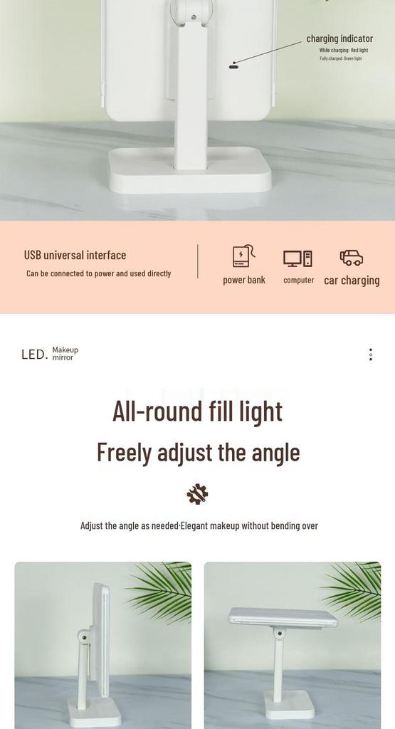 Multifunktionaler LED-Kosmetikspiegel mit Licht für Schlafzimmer oder Wohnheim, faltbares Design mit Aufbewahrung