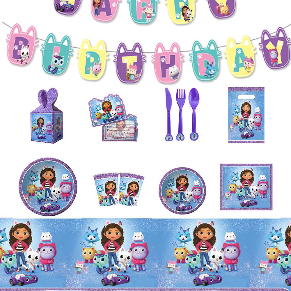 Umweltfreundliches Geschirr für Gabbys Puppenhaus-Geburtstagsparty: Teller, Tassen, Servietten