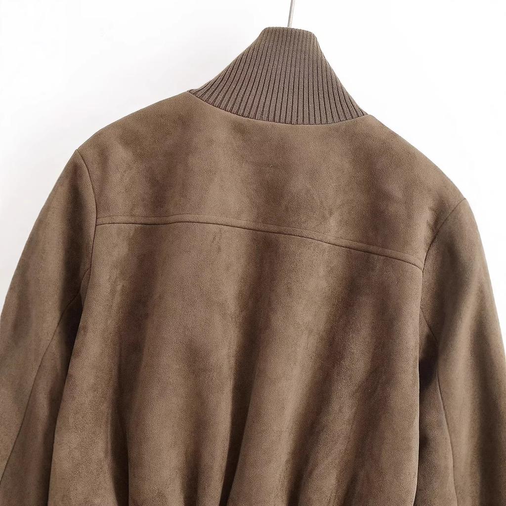 2026 Spring New European and American Cross-border Women's Clothing Knitted Stand-up Collar Suede Bomber Jacket W09 12030