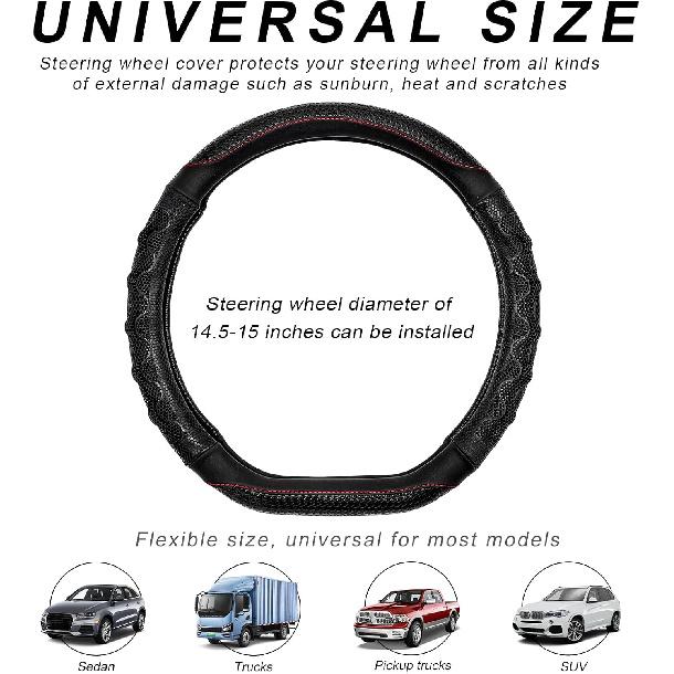 Car Steering Wheel Cover, 15 Inches Leather Comfy Grip Steering Wheel Protector with 3D Honeycomb, Anti-Slip D-Shaped Wheel Wrap Cover for Most