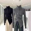 Grey Turtleneck Cashmere Knitted Bottoming Shirt Women's Irregular Waist Sweater In Autumn and Winter with Split Top
