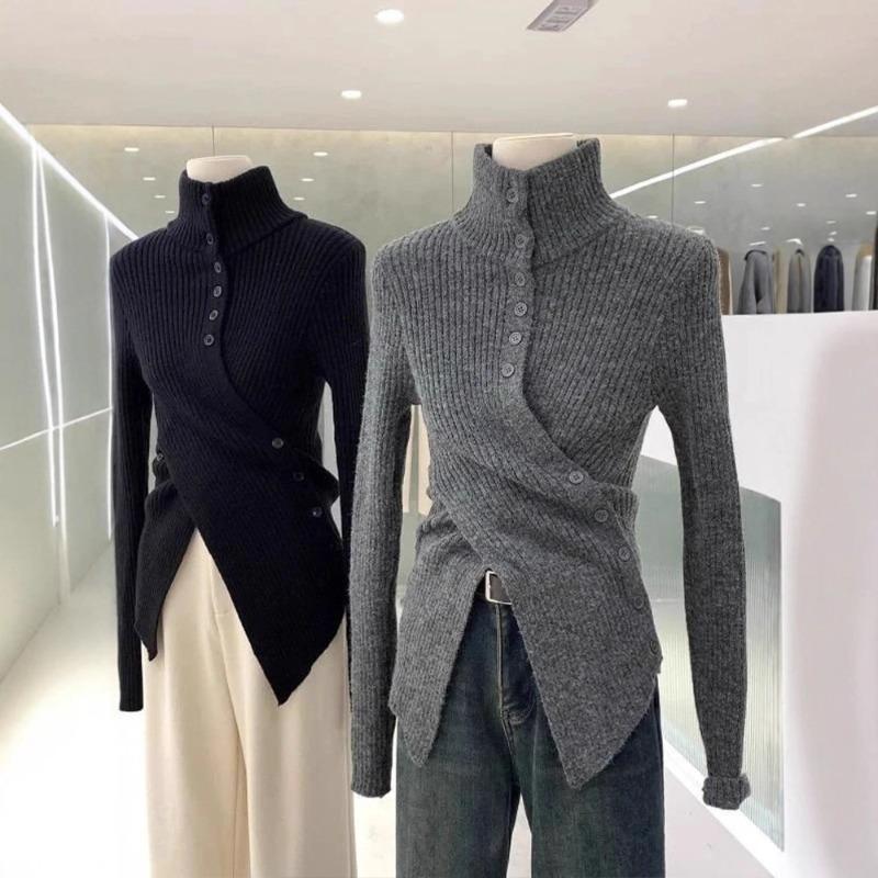 Grey Turtleneck Cashmere Knitted Bottoming Shirt Women's Irregular Waist Sweater In Autumn and Winter with Split Top