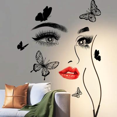 One Meter Wall Sticker Woman Red Lips Eyes Butterfly Wall Sticker Background Wall Room Decorative Wall Sticker Self-adhesive Wall Sticker