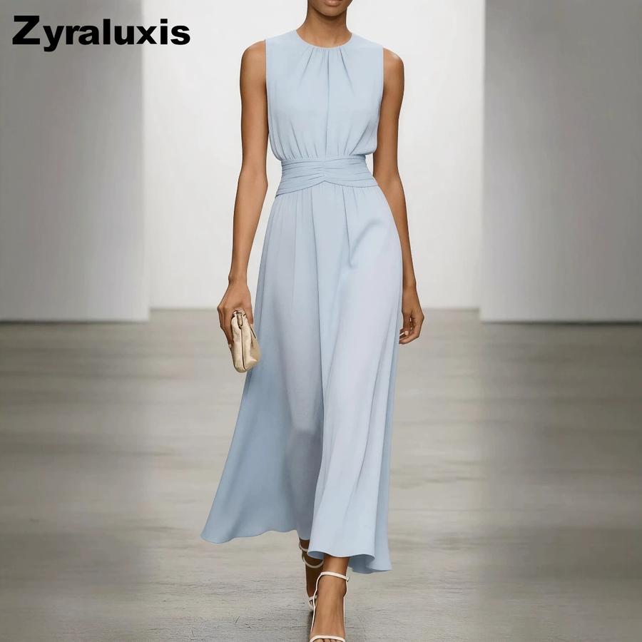 New Women's Sleeveless Round Neck Ruched Dress Elegant Simple Spring Summer Style