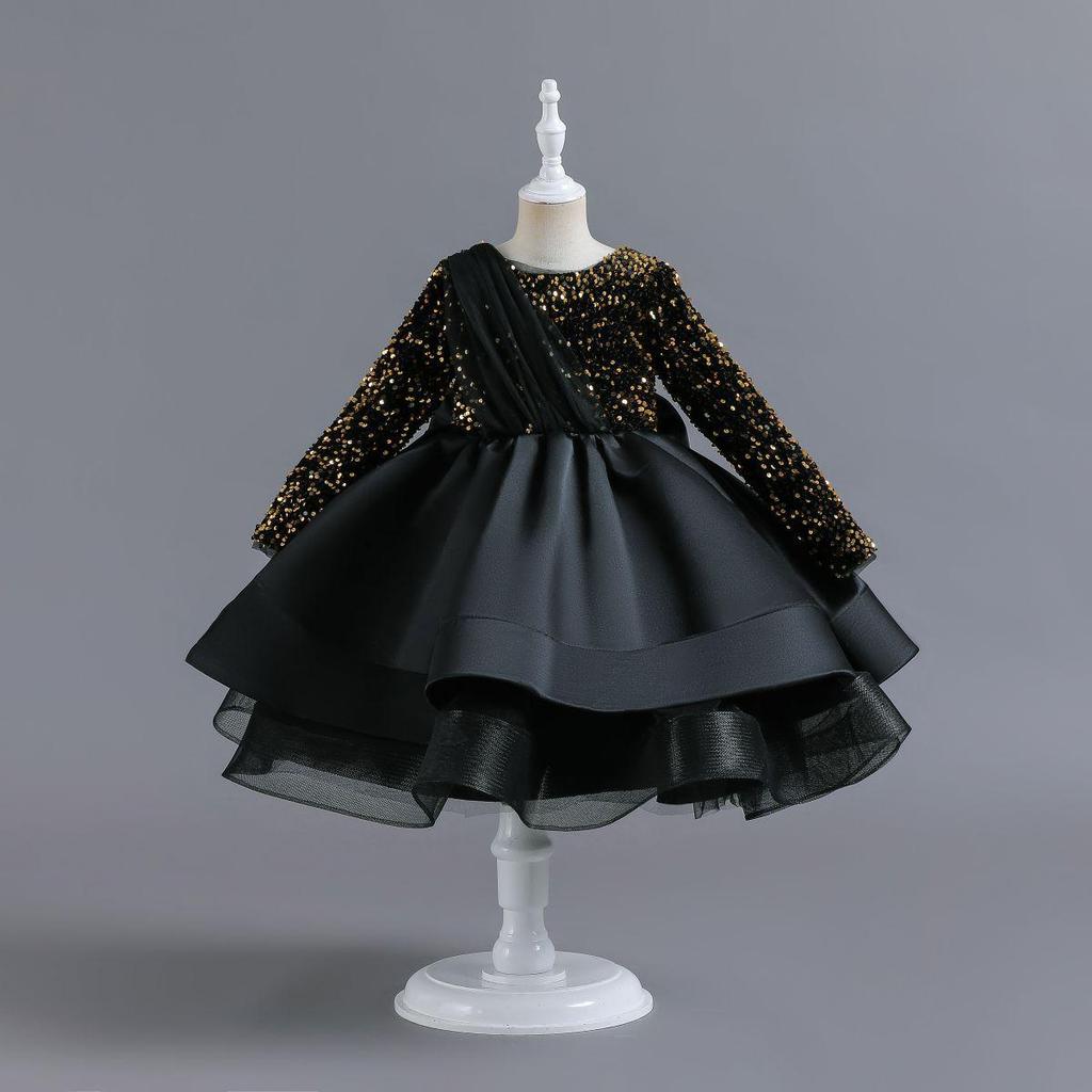 European & American Cross-Border Girls' Sequined Princess Long-Sleeve Evening Dress for Age 1