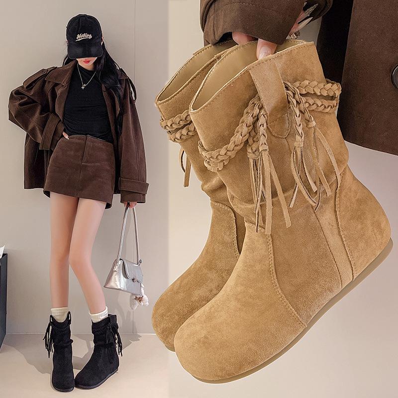Fashion Women's Short Boots New Vintage Suede Casual Ankle Botas Women Solid Tassel Flat Bottom Females Shoes Botas Mujer