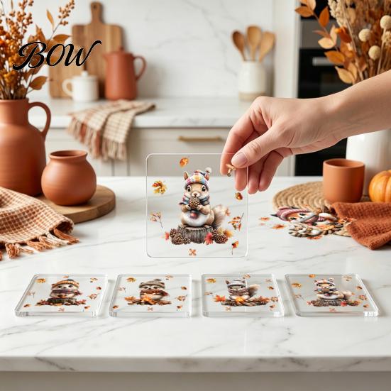 Double Sided Printed Drink Coasters 4Pcs Maple Leaf Squirrel Acrylic Coaster, 2D Reversible Cup Mat for Coffee Halloween Brain Pattern Table
