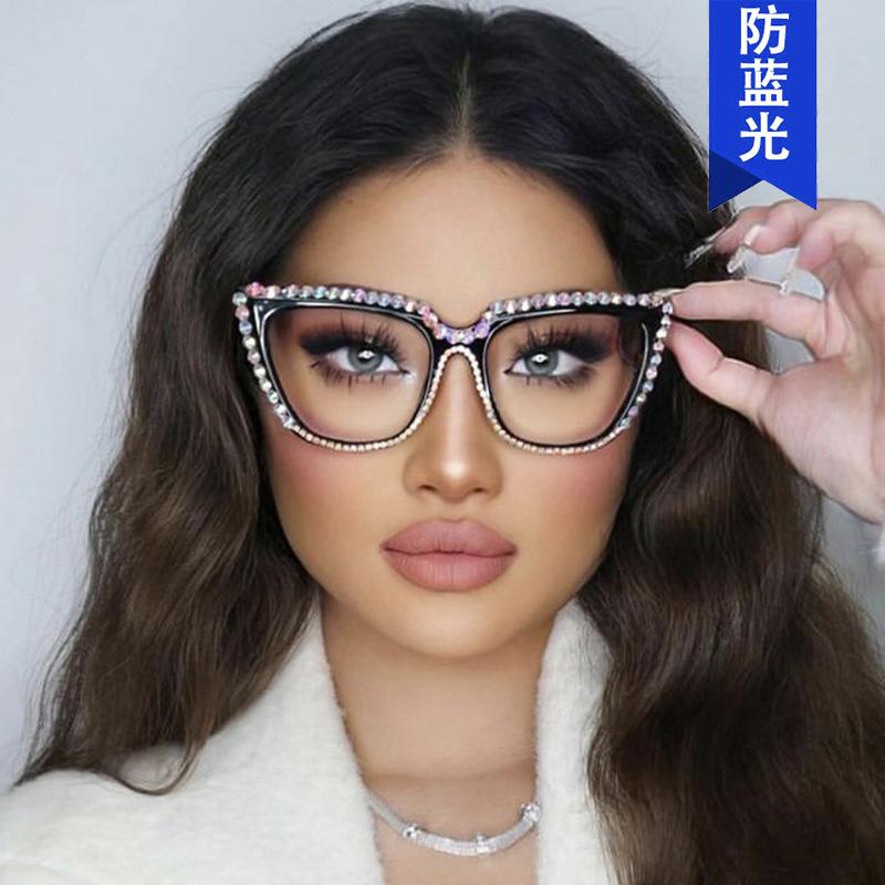 Cat's eye diamond flat glasses new anti-blue glasses frame women's retro glasses frame can be equipped with myopia Internet celebrities