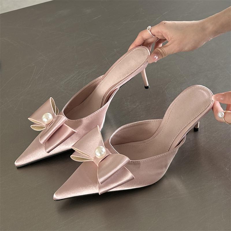 Eilyken Sexy Butterfly-knot Women Slipper Pointed Toe Slip On Ladies Mules Shoes Elegant Thin Heel Outdoor Dress Sandals