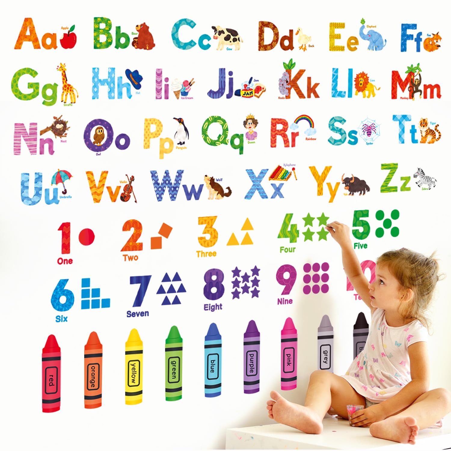 DECOWALL Animal Alphabet Numbers Color Wall Stickers for Kids Wall Transfer Wall Art Stickers for Bathroom Room Living Kitchen DS8-8044 Kindergarten,