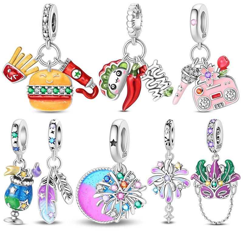 Food Series Series Charm Bead Component Copper Metal Pepper Hamburger Dangle Pendant Bead Component Compatible With Authentic Original Charm Bead