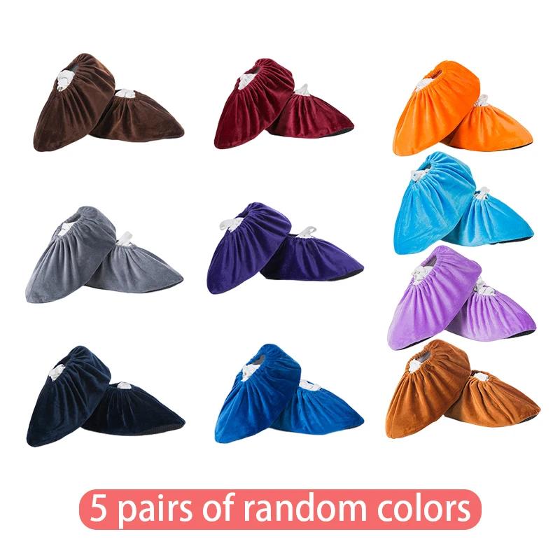 5 Pairs Thicken Plush Shoe Covers Reusable Anti-slip Soles Durable Wear-resistant Covers Foot for Indoor Outdoor Shoe
