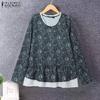 ZANZEA Women Casual Round Neck Long Sleeve Floral Print Contrast Color Blouses
