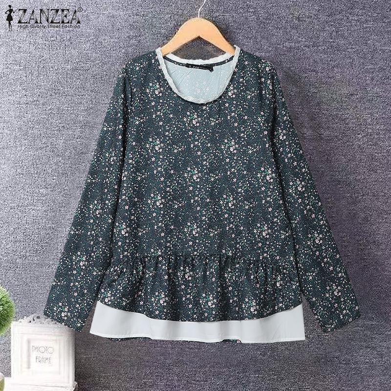 ZANZEA Women Casual Round Neck Long Sleeve Floral Print Contrast Color Blouses