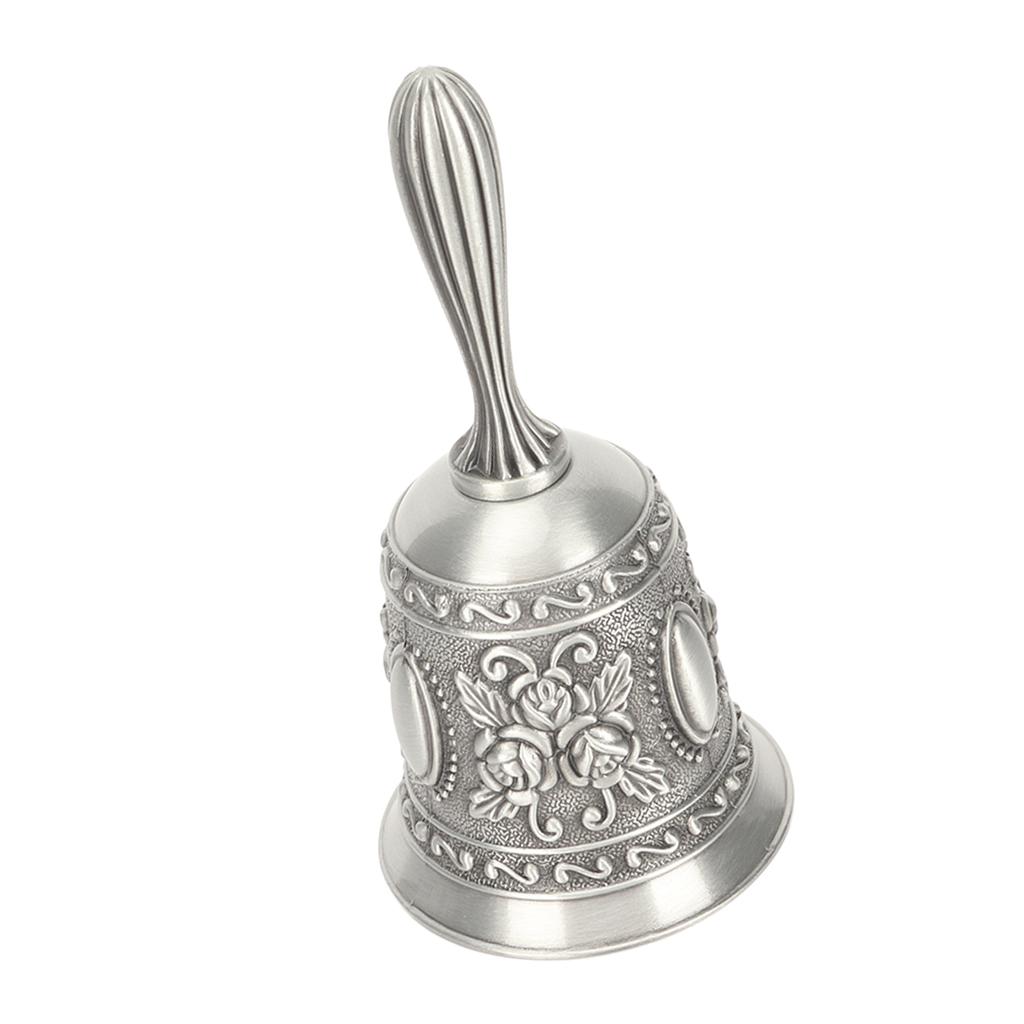 Vintage Hand Bell Flower Carving Zinc Alloy Hand Ring Bell for Bar Wedding School Silver