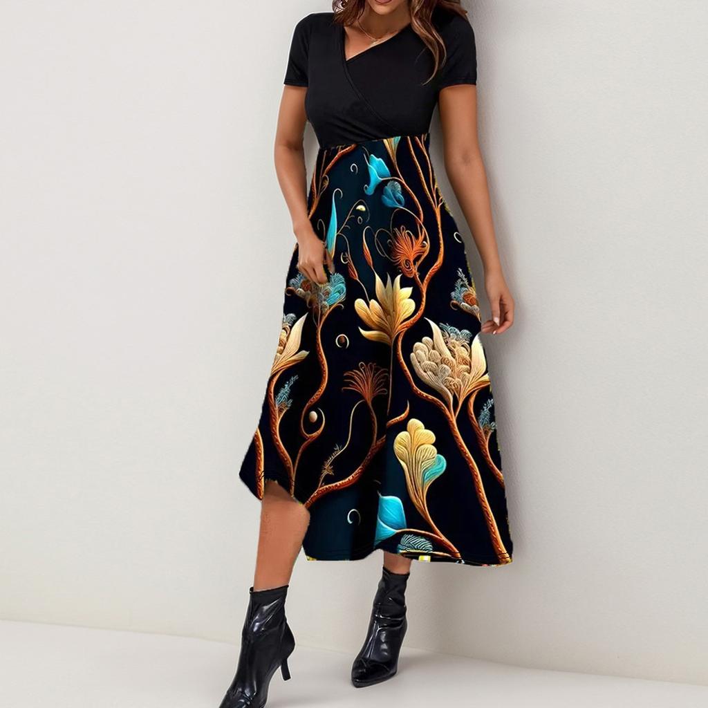 Women's Summer Maxi Dress 2025 Floral Wrap V Neck Puff Short Sleeve Ruffle Beach Resort Long Dresses