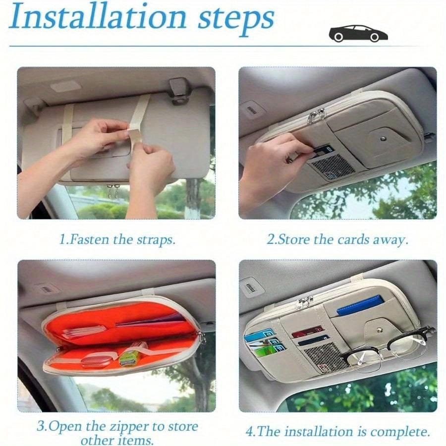 Car Sun Visor Organizer Multi-Pocket Storage For Sunglasses, Cards, Cash, License, Pen & Keys | Auto Interior Accessory With Zipper Net Pocket