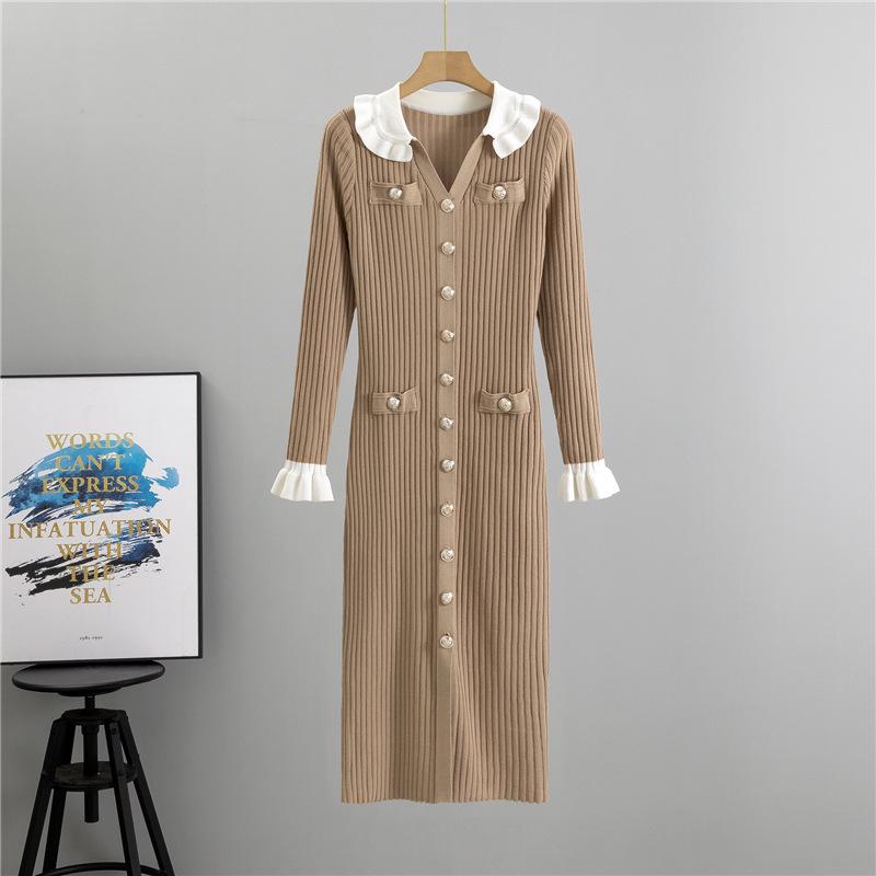 

Элегантное облегающее вязаное платье с V-образным вырезом и цветными блоками, с воротником Питер Пэн One Size хаки