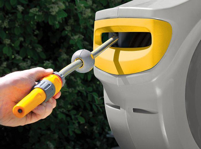 Dévidoir mural automatique 40m - hozelock - fixation murale - sécurité enfant - jaune/gris